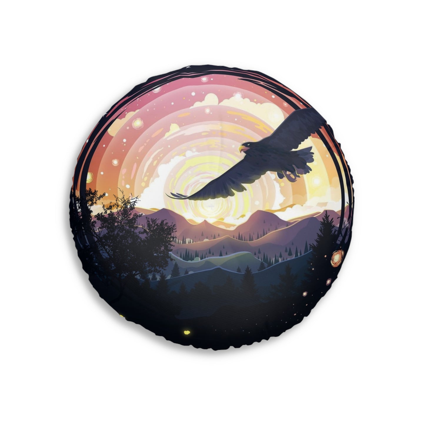 Boho Round Tufted Floor Pillow – Celestial Bird & Sunset Mountains, Double-Sided