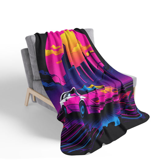Retro Synthwave Sports Car Fleece Blanket | Neon City Sunset