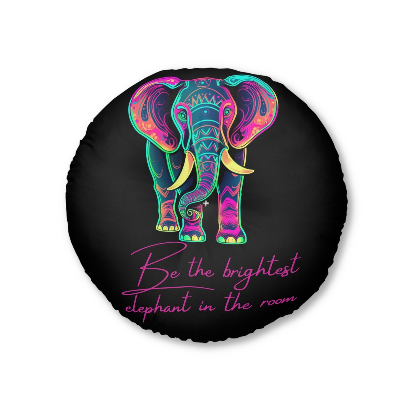 Boho Round Tufted Floor Pillow - Neon Elephant Decor, Black Pouf Cushion, Meditation