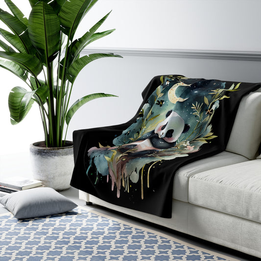 Sleeping Panda Moon watercolor print Sherpa Blanket | cozy nursery throw