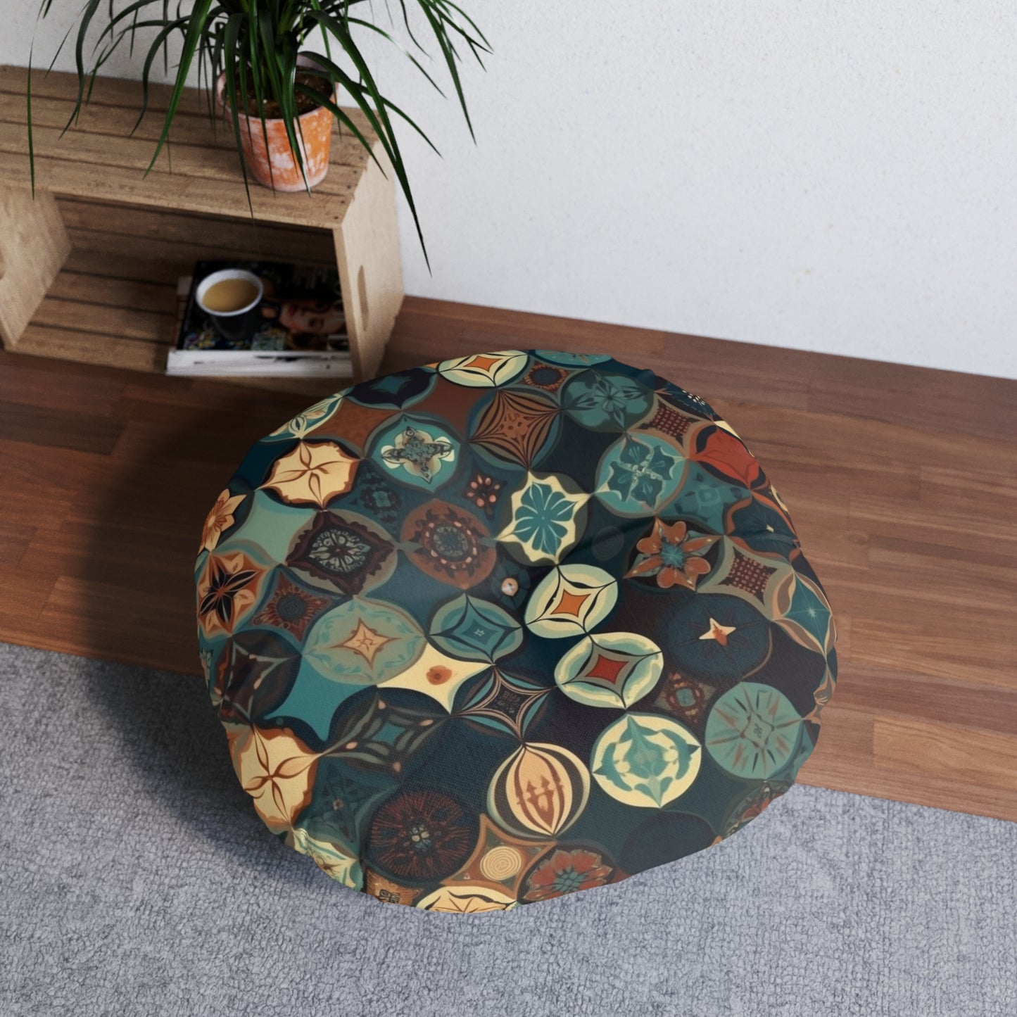 Tufted Round Boho Floor Pillow - Medallion Mosaic Cushion for Cozy Floor Seating