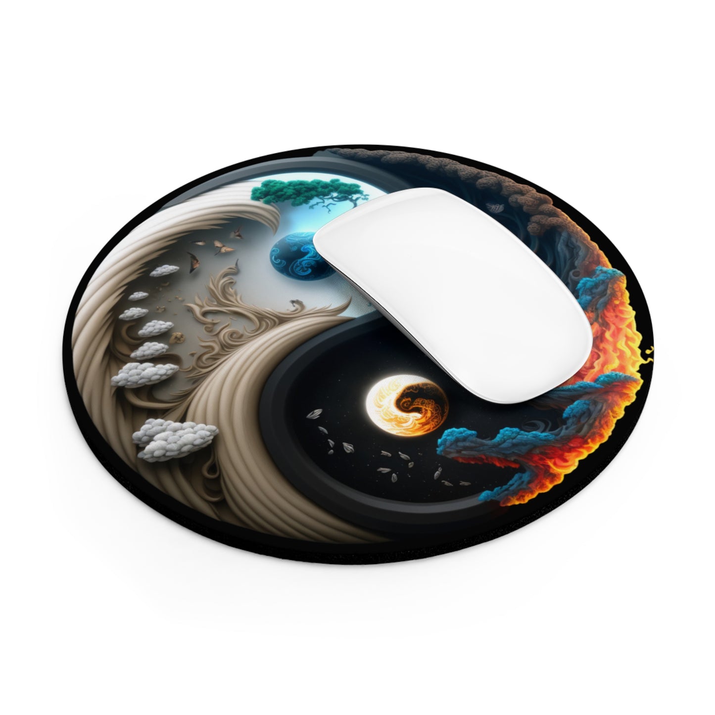 Yin Yang Gaming Mouse Pad, Round Spiritual Desk Mat, Aesthetic Cosmic Office Decor Accessory