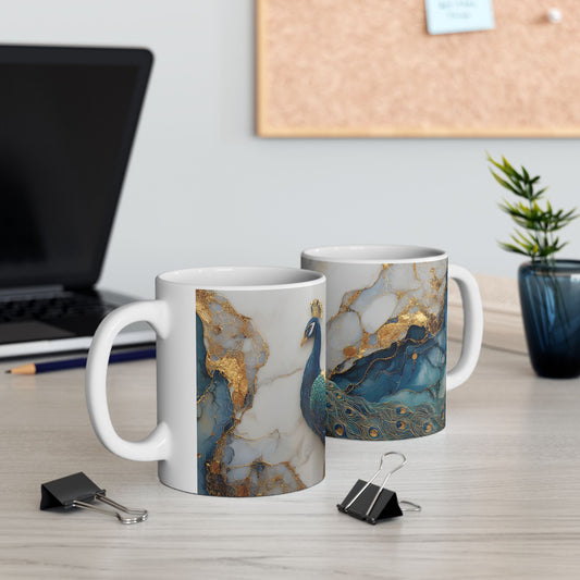 Elegant Peacock Ceramic Mug, Colorful Teal Blue Mug, Unique Coffee Cup Gift, Artistic Tea Mug, Home Decor, Art Lover's Present