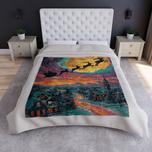 Santa Sleigh and Reindeer Crushed Velvet Blanket | Christmas Nightscape