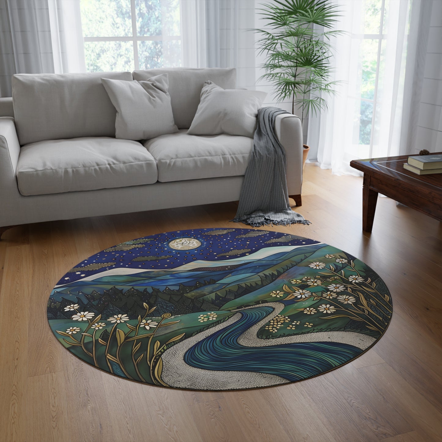 60" Celestial Round Rug - Night Mountain Moon Art - Soft Chenille Boho Area Rug for Bedroom