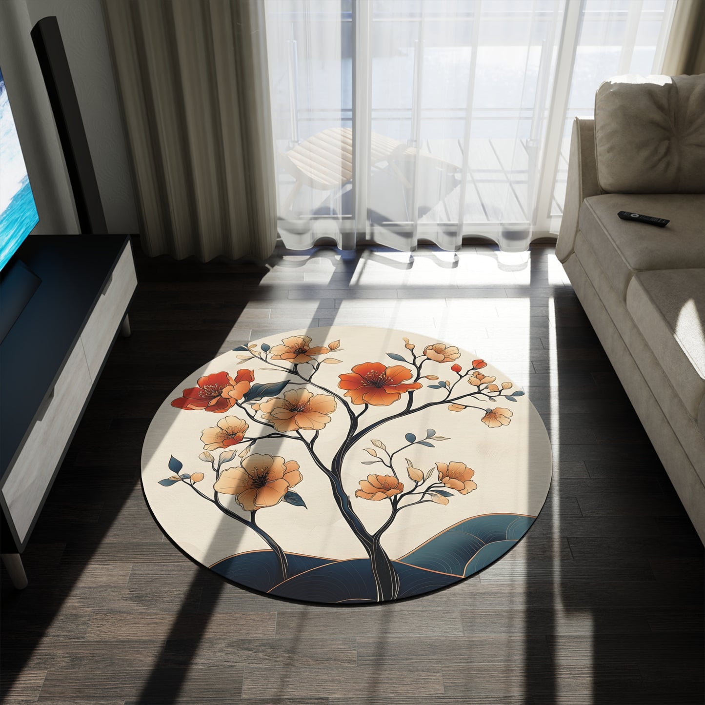 60" Round Botanical Rug, Flowering Tree Art Chenille Area Rug, Peach & Teal Nature Decor