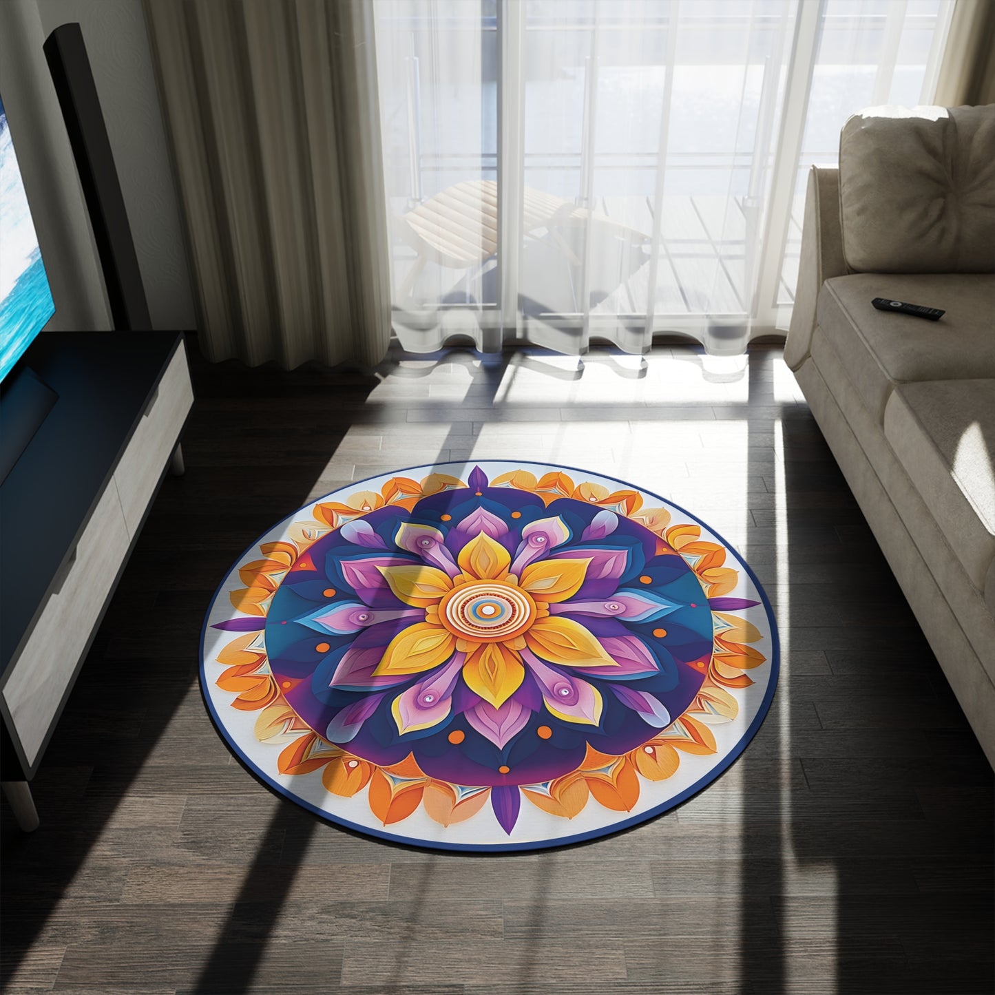60-Inch Round Mandala Rug – Colorful Boho Chenille, Soft Plush, Non-Slip, Low Profile