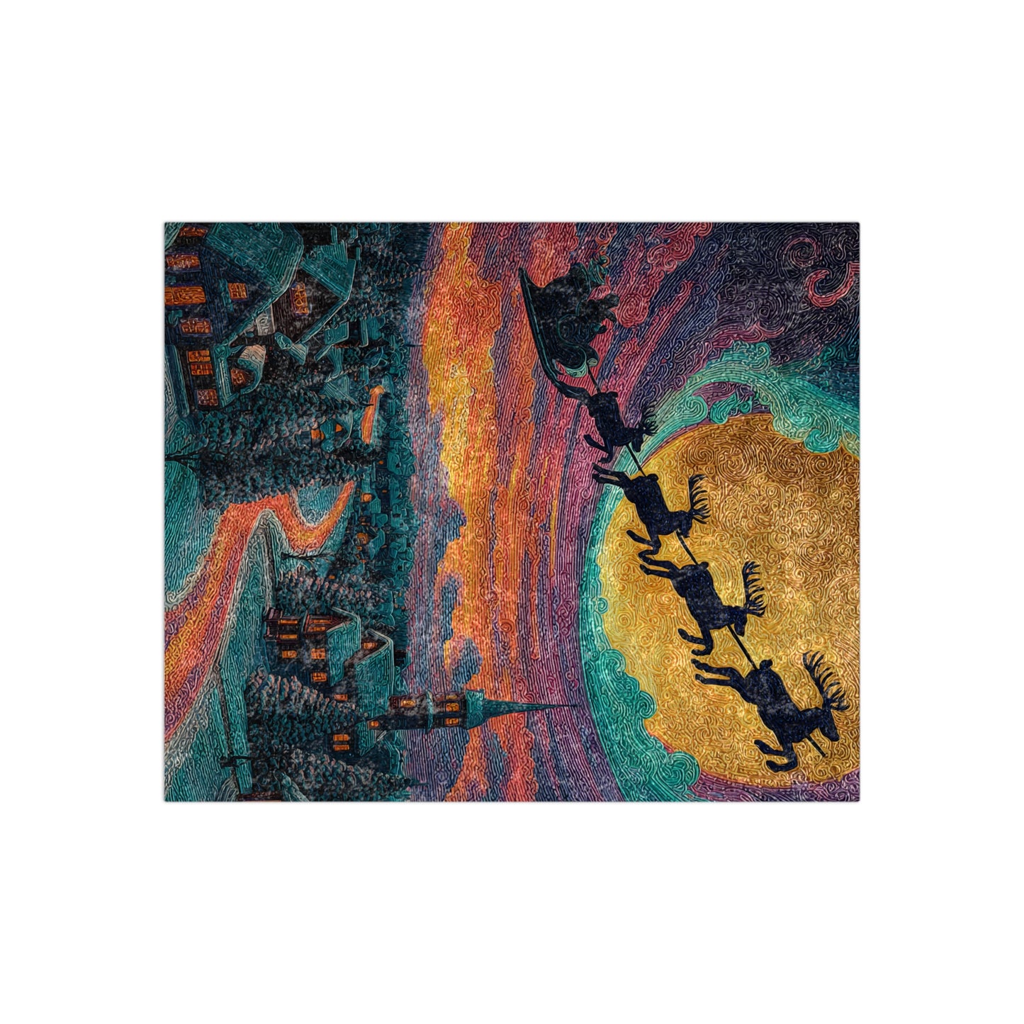 Santa Sleigh and Reindeer Crushed Velvet Blanket | Christmas Nightscape