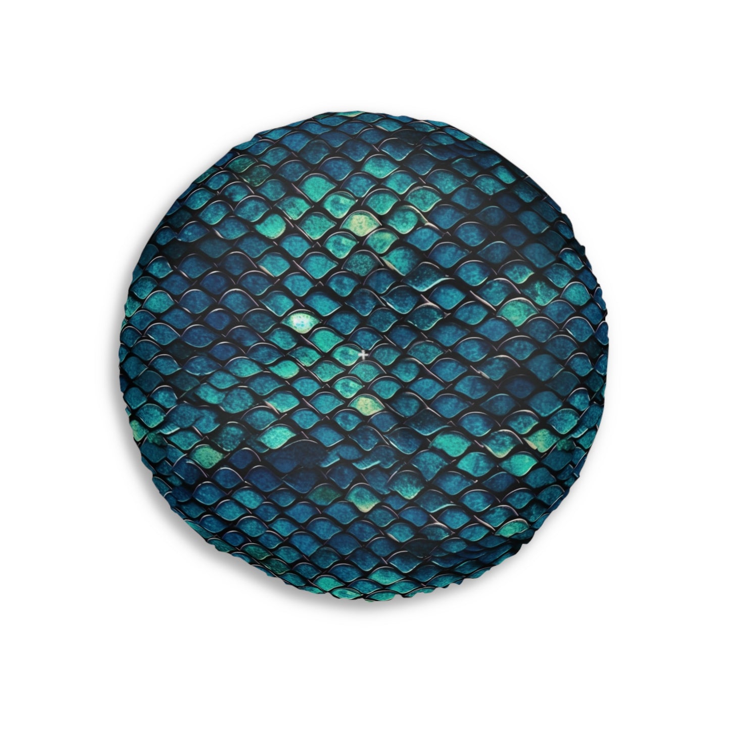 Round Tufted Floor Pillow - Boho Mermaid Scale Cushion, Teal Navy Turquoise, Plush Seating