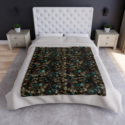 Crushed Velvet Throw Blanket, Black Gold Teal Feather | Reversible Plush Sofa & Bed 50x60