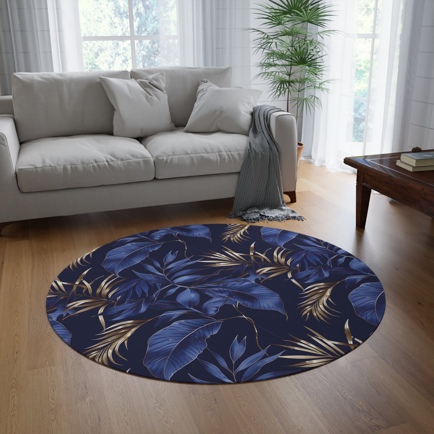 60-inch round chenille rug – navy and gold botanical accent for elegant home decor