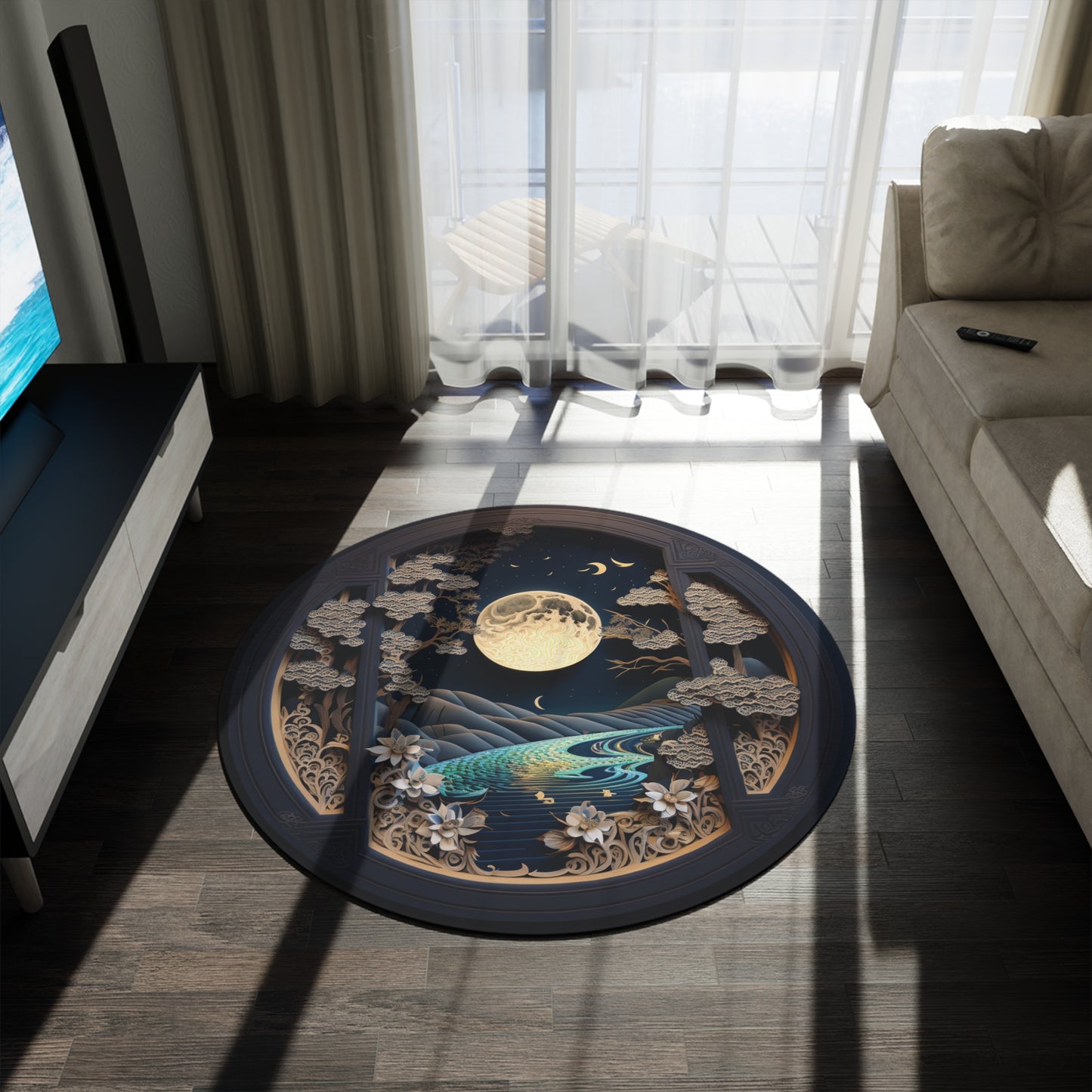 60 Inch Round Celestial Chenille Rug – Moonlit Area Rug with Non-Slip Backing