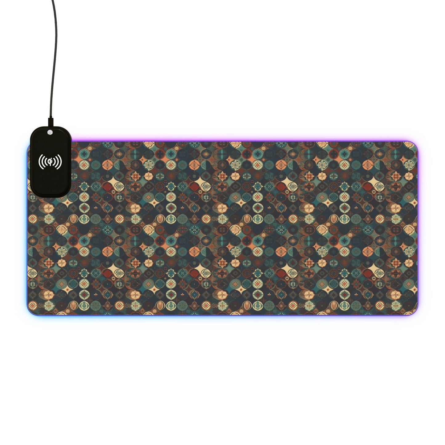 rgb gaming mouse pad with 15w qi charging – smooth xl desk mat, geometric teal gold design