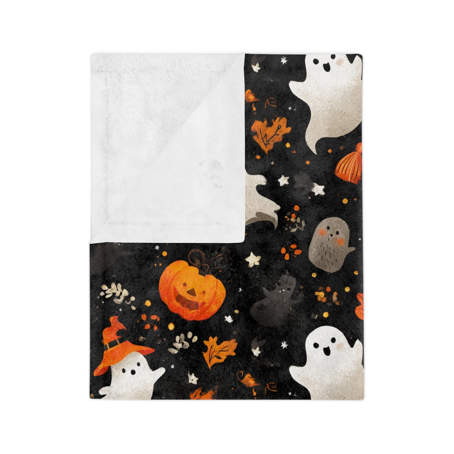 Cozy Halloween Throw Blanket - Velveteen Microfiber with Cute Ghosts & Pumpkins | Night-Sky Black