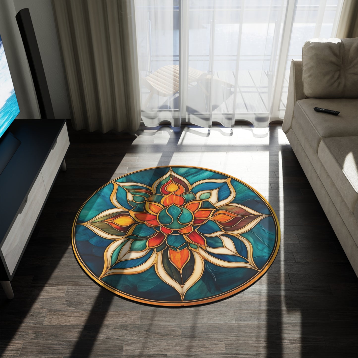 60" Round Stained Glass Mandala Rug - Soft Chenille Area Carpet for Meditation & Boho Home Decor