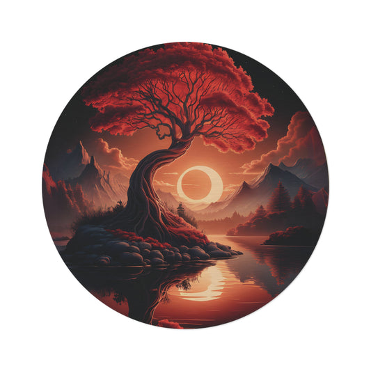 60" Round Fantasy Landscape Rug, Artistic Red Tree & Eclipse Design, Soft Chenille Floor Decor