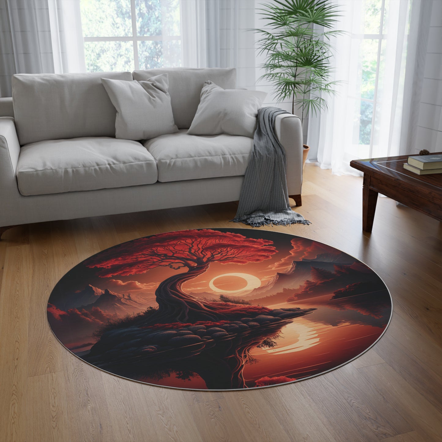 60" Round Fantasy Landscape Rug, Artistic Red Tree & Eclipse Design, Soft Chenille Floor Decor