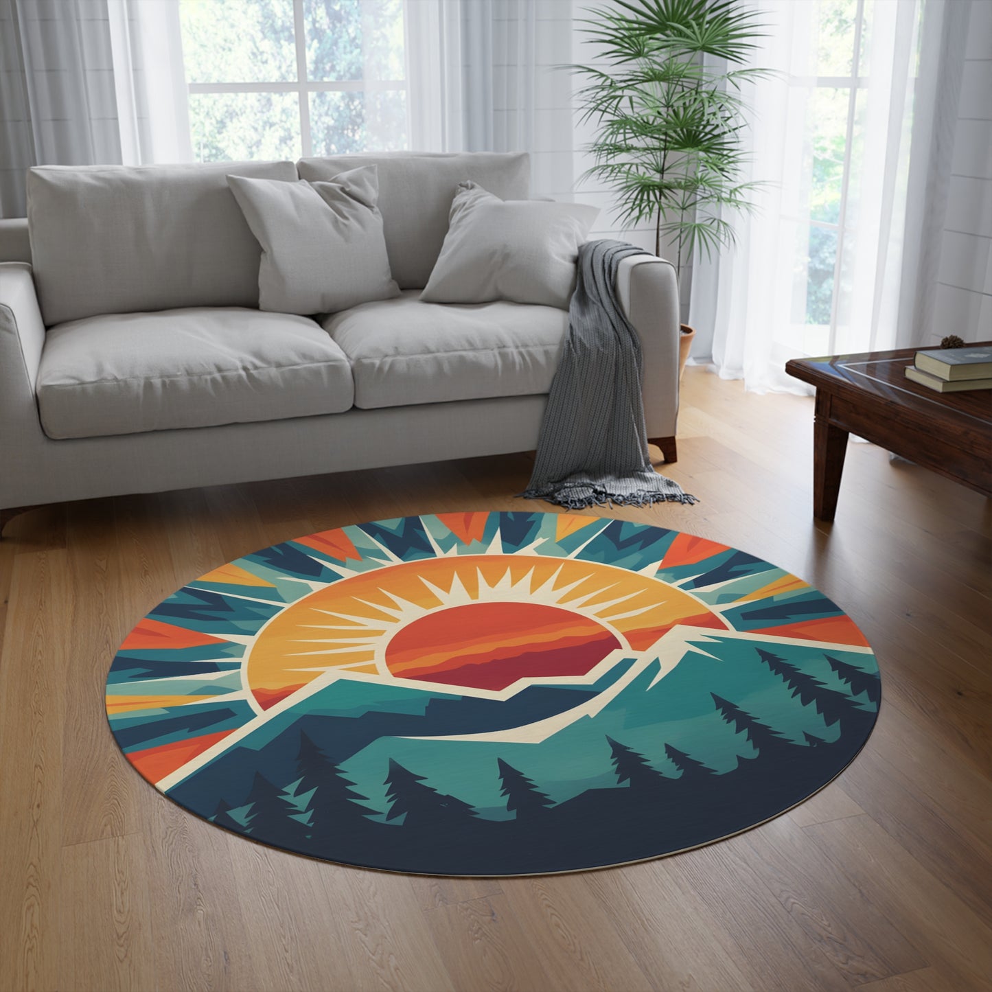 60" Round Mountain Rug, Vibrant Sunset Chenille Floor Mat, Modern Boho Nature Decor