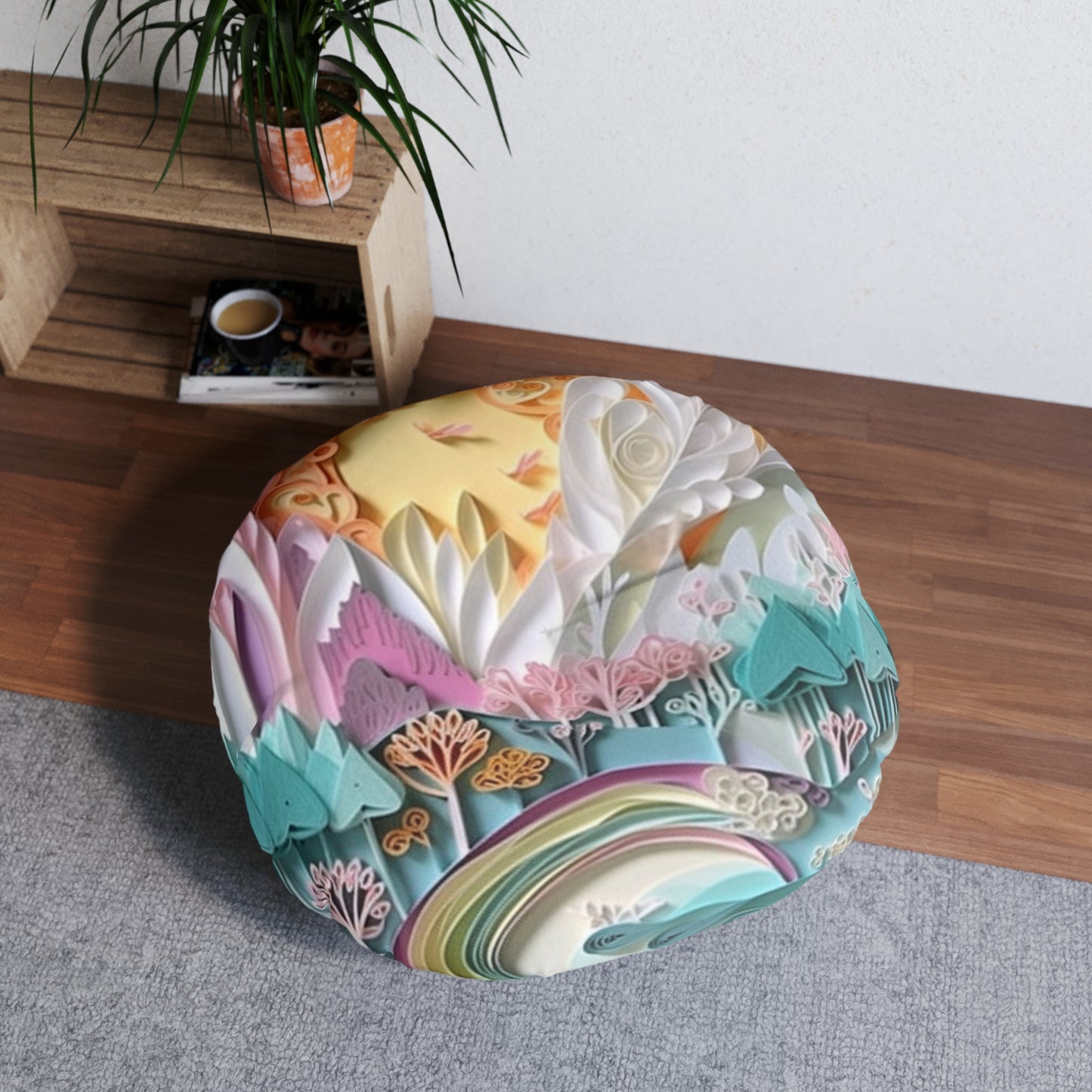 Round Boho Floor Pillow Pouf – Tufted, Colorful Cushion for Extra Seating & Meditation Whimsical Art