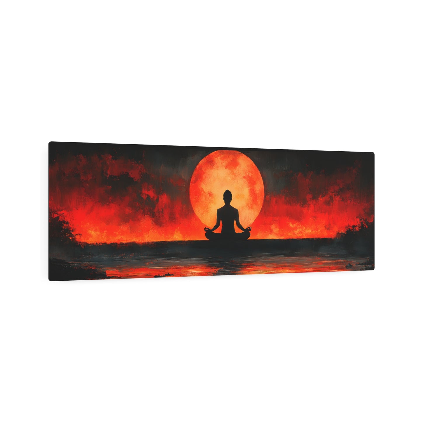 Zen Meditation Sunset Metal Wall Art, 36x12 Panoramic Moon Decor for Yoga Rooms
