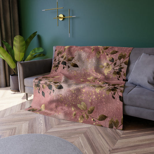 Dusty Rose Mauve Crushed Velvet Throw Blanket with Botanical Leaves & Gold-Look Accents