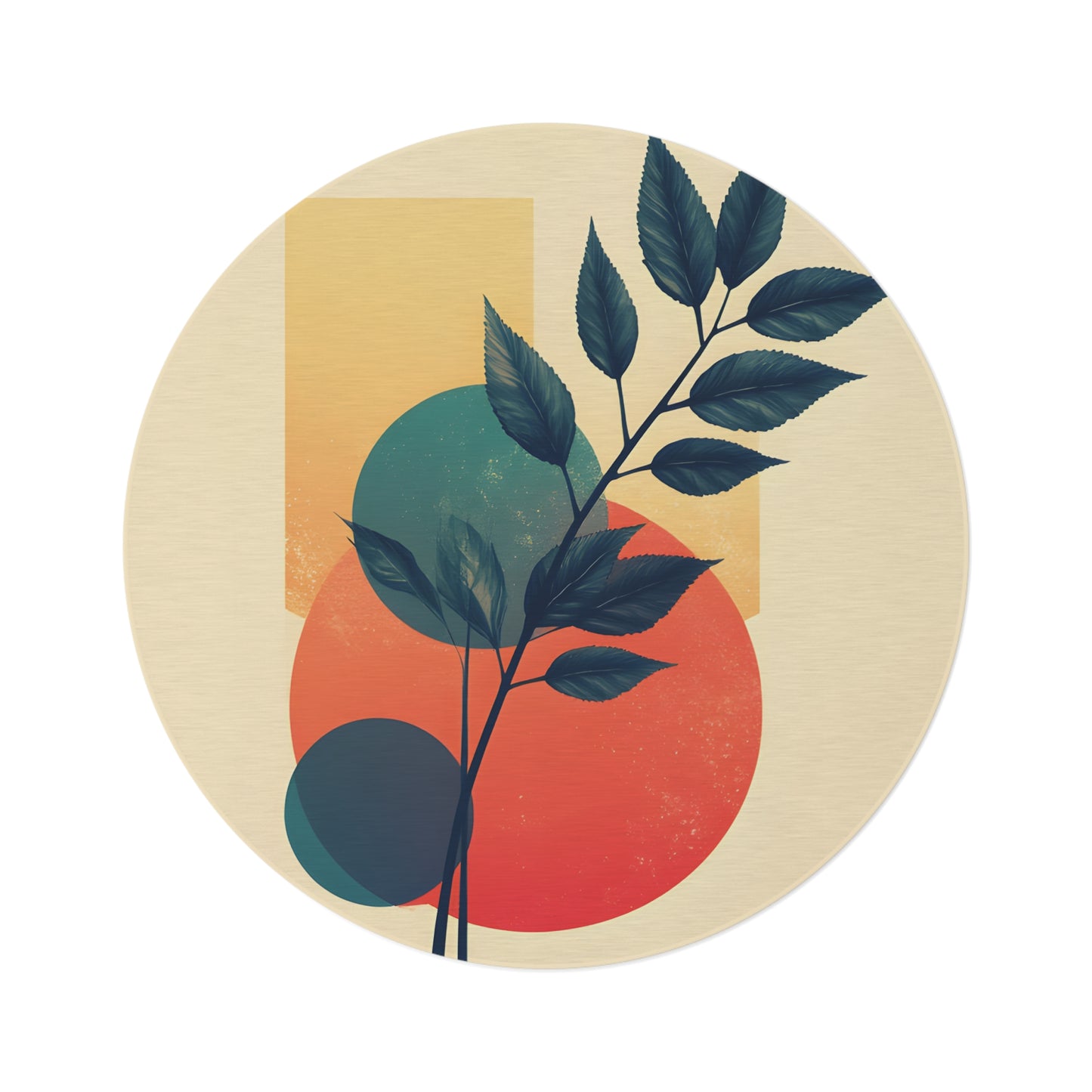 60-inch Round Geometric Botanical Rug in Beige Chenille — Modern Accent for Living Room