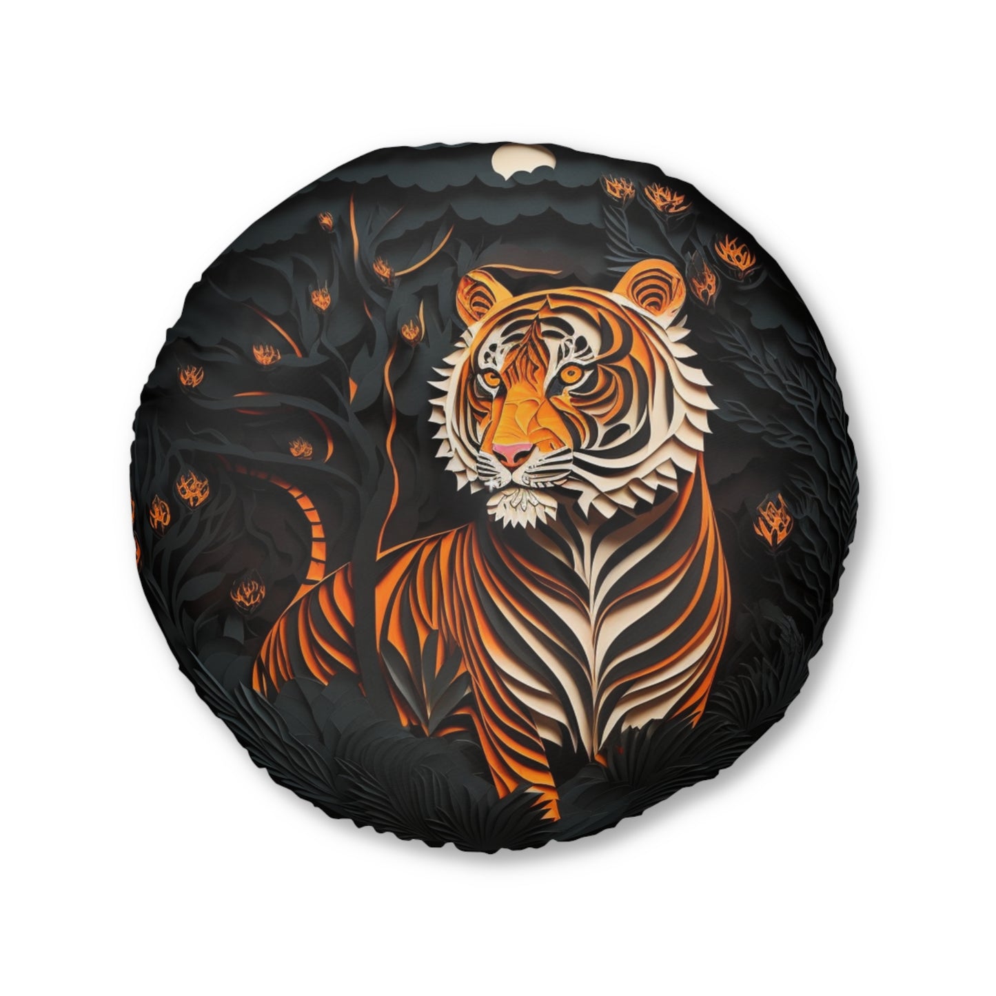 Round Tufted Tiger Floor Pillow – Boho Jungle Cushion, Plush Reversible Seating