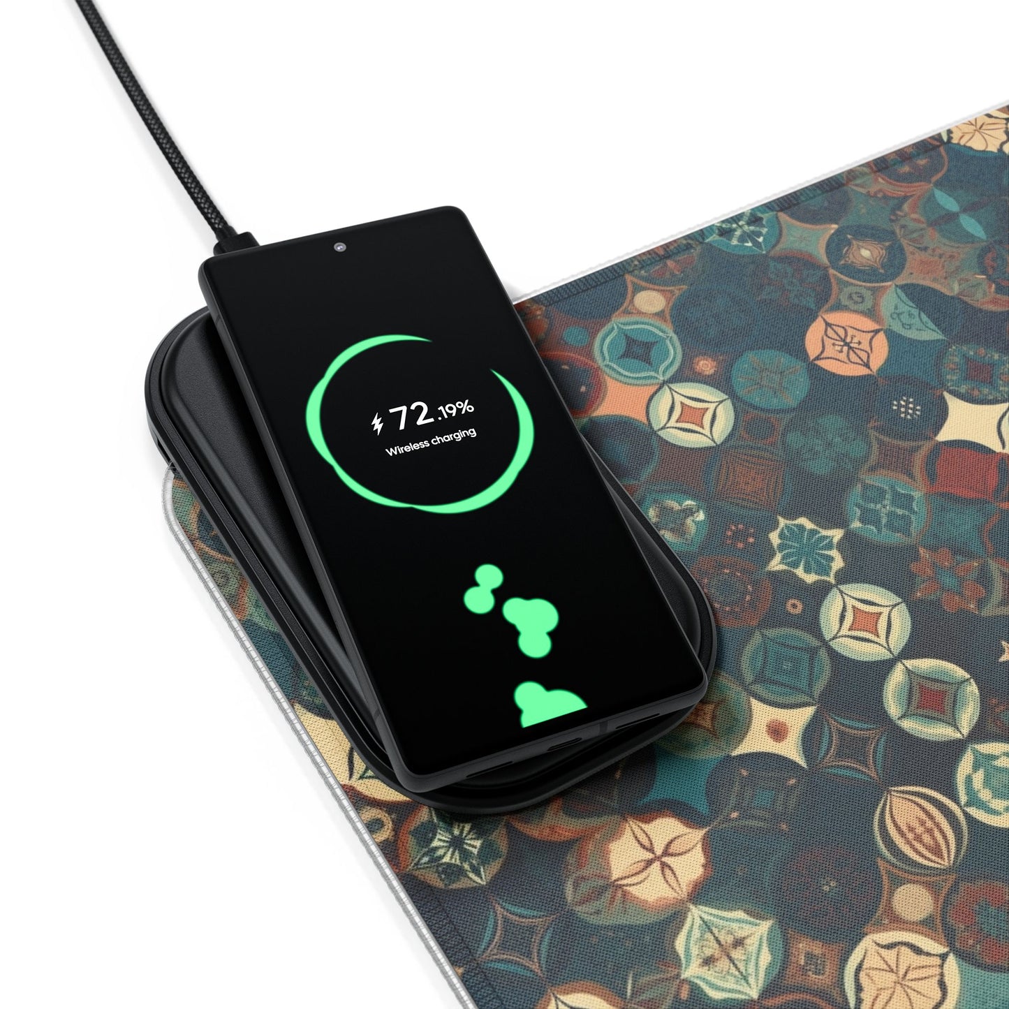 rgb gaming mouse pad with 15w qi charging – smooth xl desk mat, geometric teal gold design