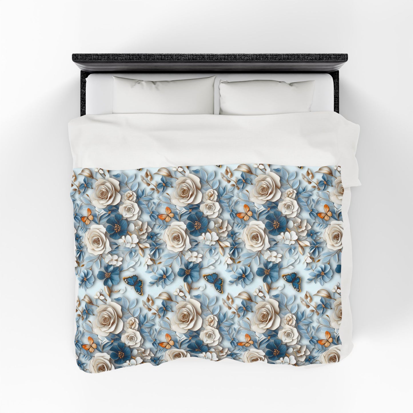 Velveteen plush throw blanket with floral & butterfly design, soft light blue cozy decor