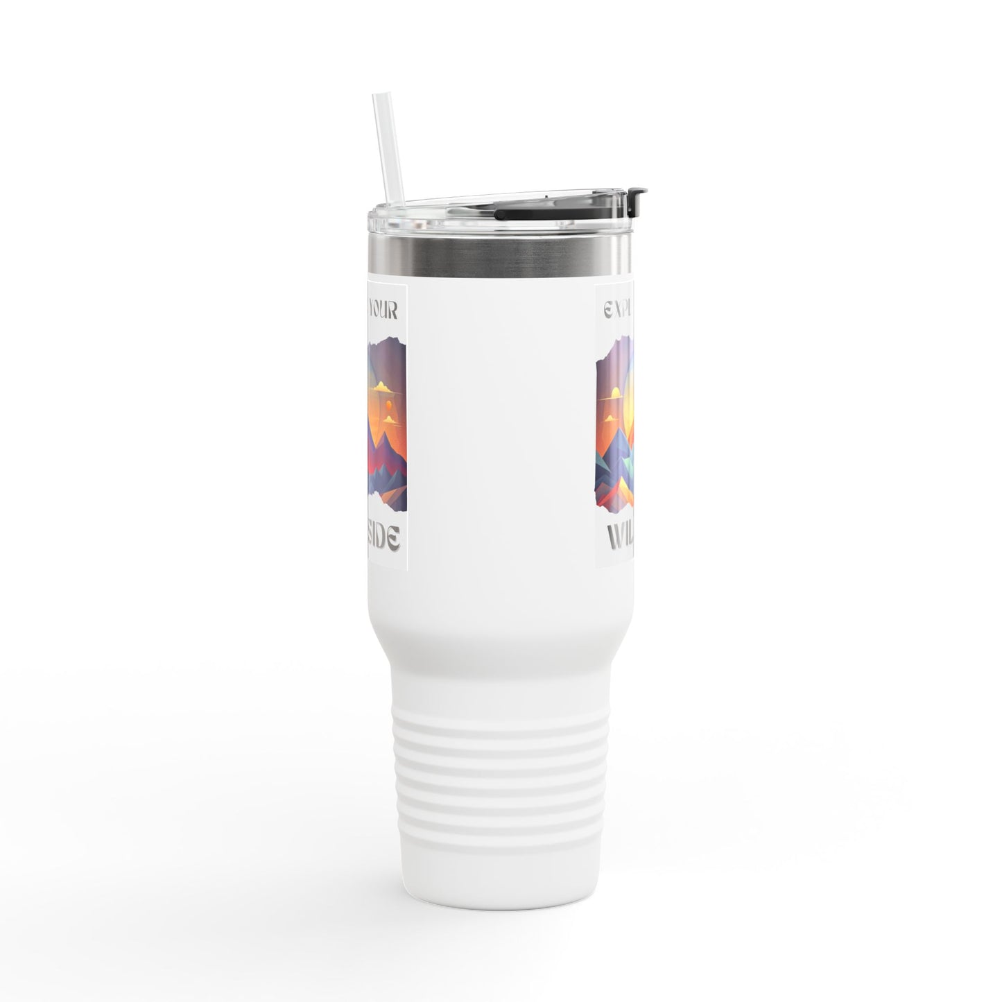 40oz Insulated Travel Mug with Handle, Stainless Steel Mountain Tumbler + Straw - leak-proof lid