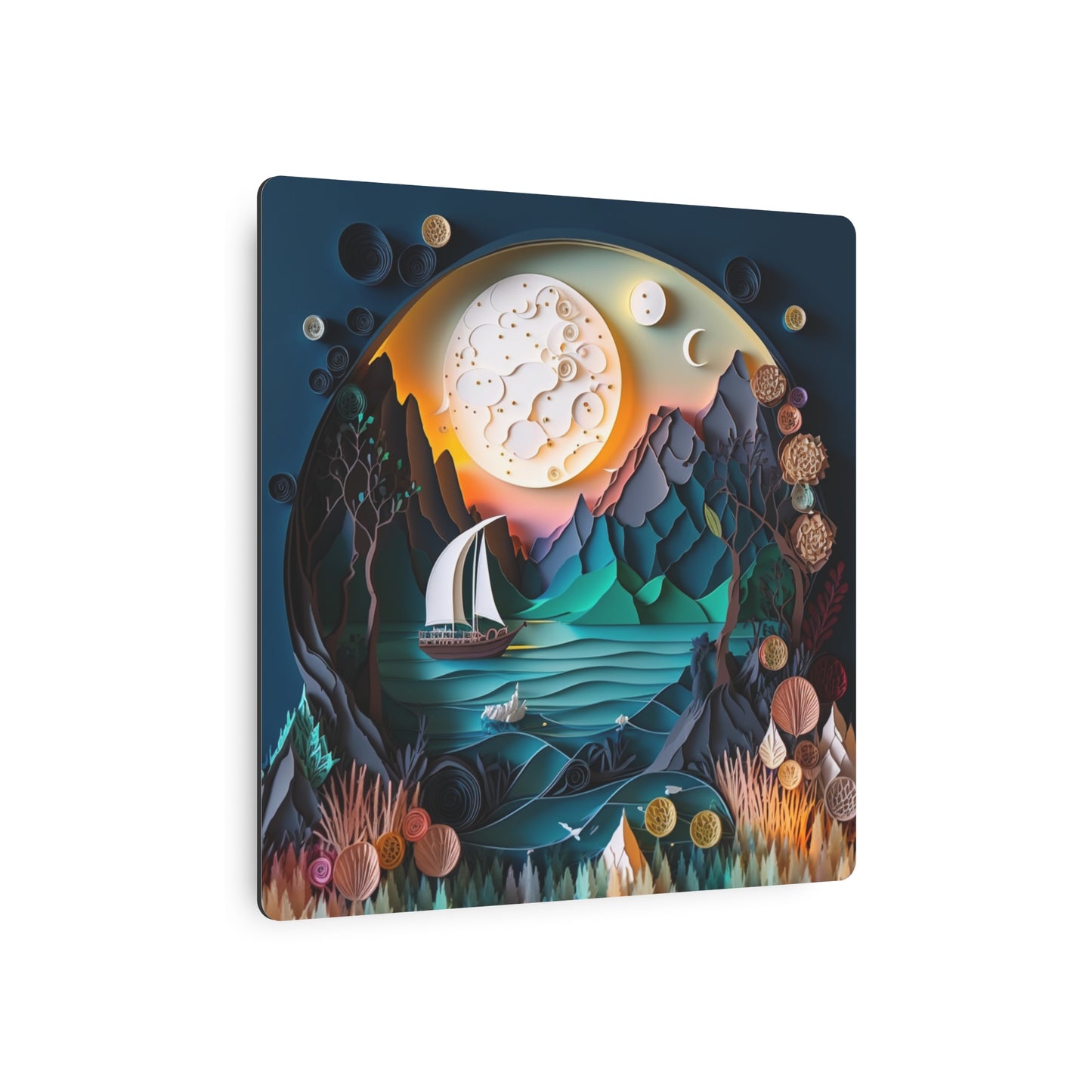 3D Metal Wall Art, Coastal Ocean Scene with Sailboat & Moon | Modern Nautical Home Decor