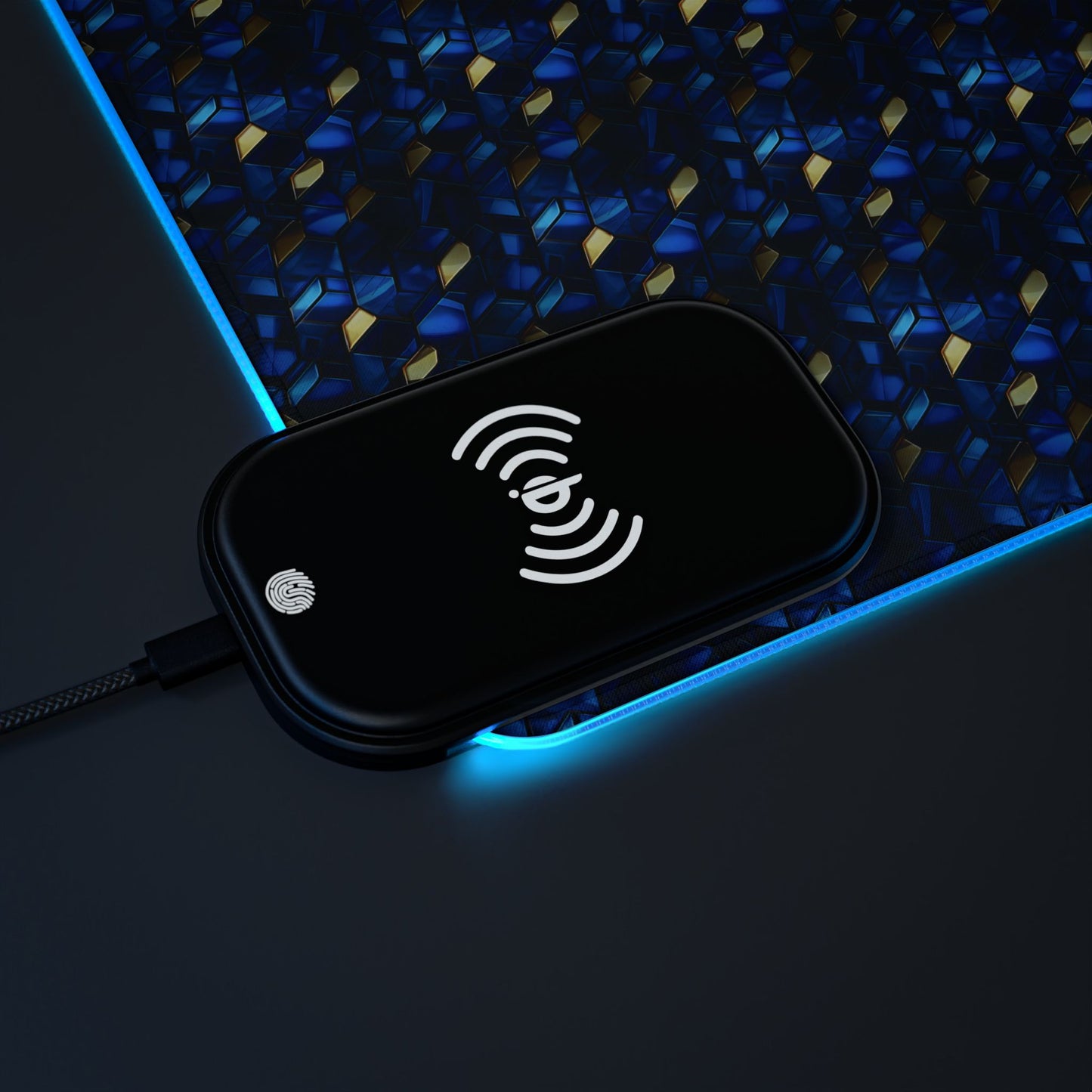 rgb gaming mouse pad with 15w qi charging – blue & gold geometric desk mat