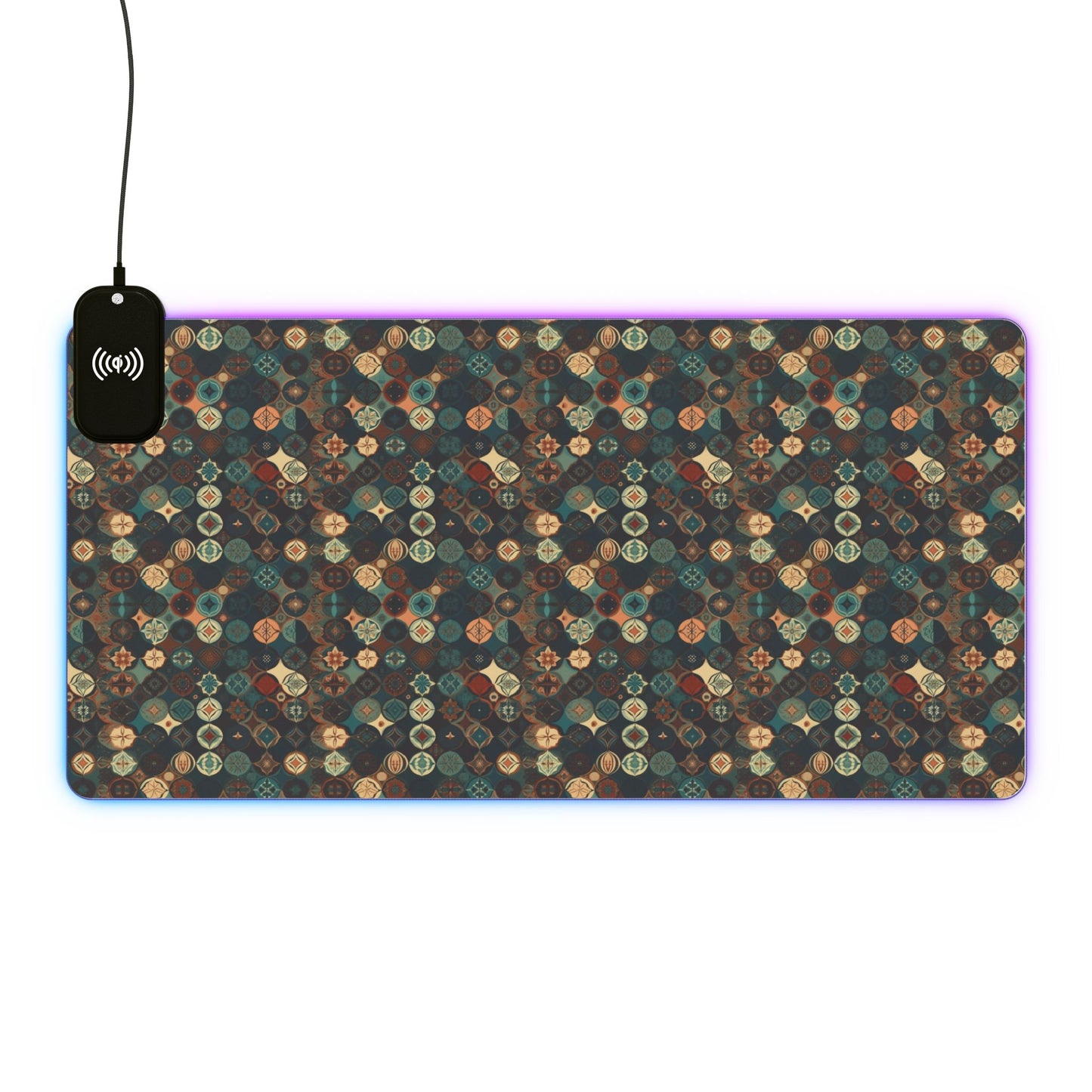 rgb gaming mouse pad with 15w qi charging – smooth xl desk mat, geometric teal gold design