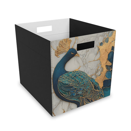 Peacock Felt Storage Box, Decorative Foldable Cube Bin with Handles, Teal & Gold