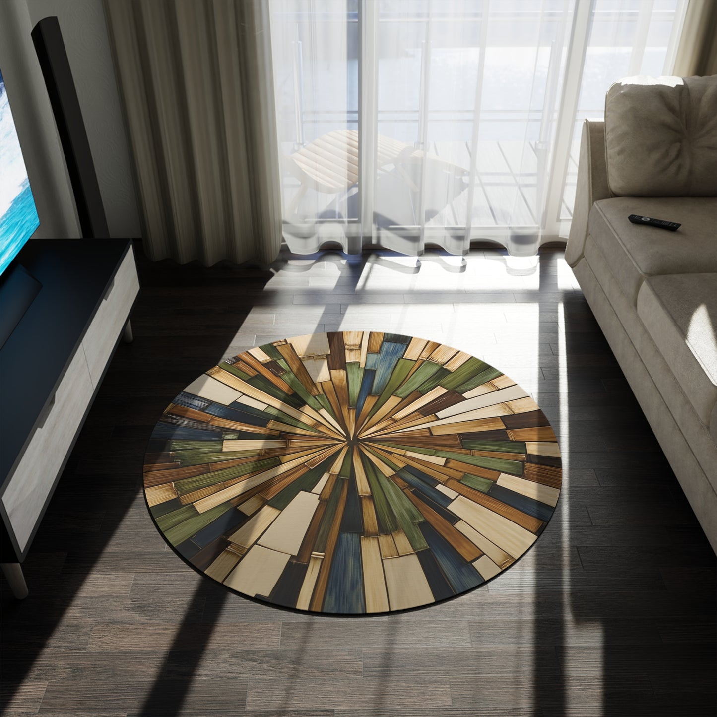 60" Abstract Sunburst Round Rug, Soft Chenille Earth Tones, Modern Art Decor