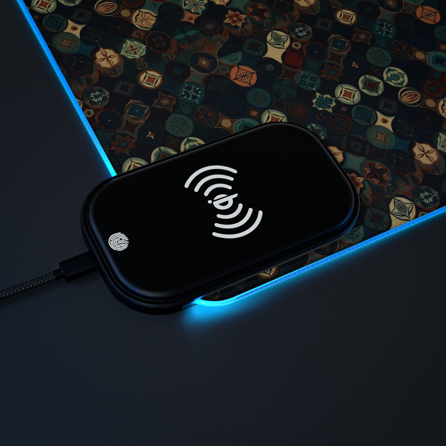 rgb gaming mouse pad with 15w qi charging – smooth xl desk mat, geometric teal gold design