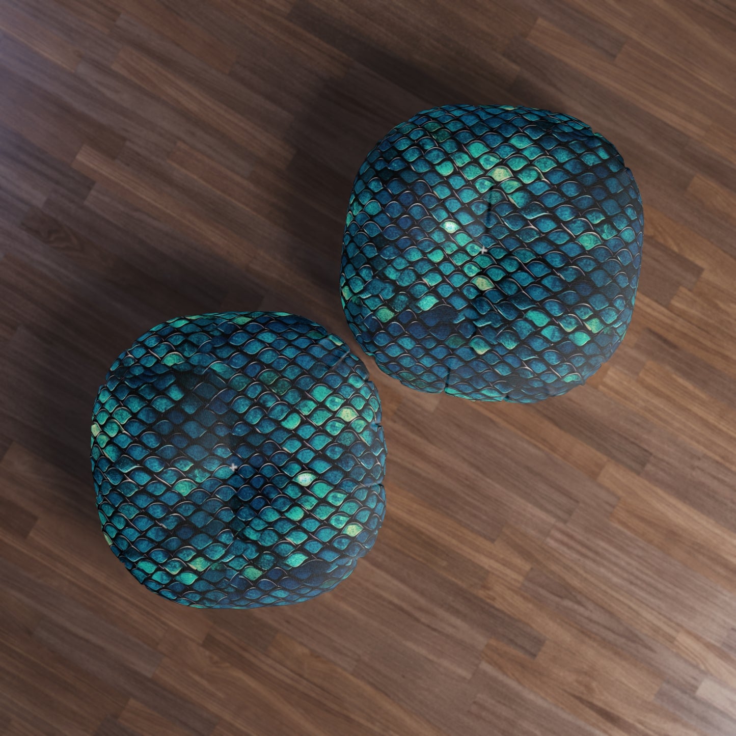 Round Tufted Floor Pillow - Boho Mermaid Scale Cushion, Teal Navy Turquoise, Plush Seating