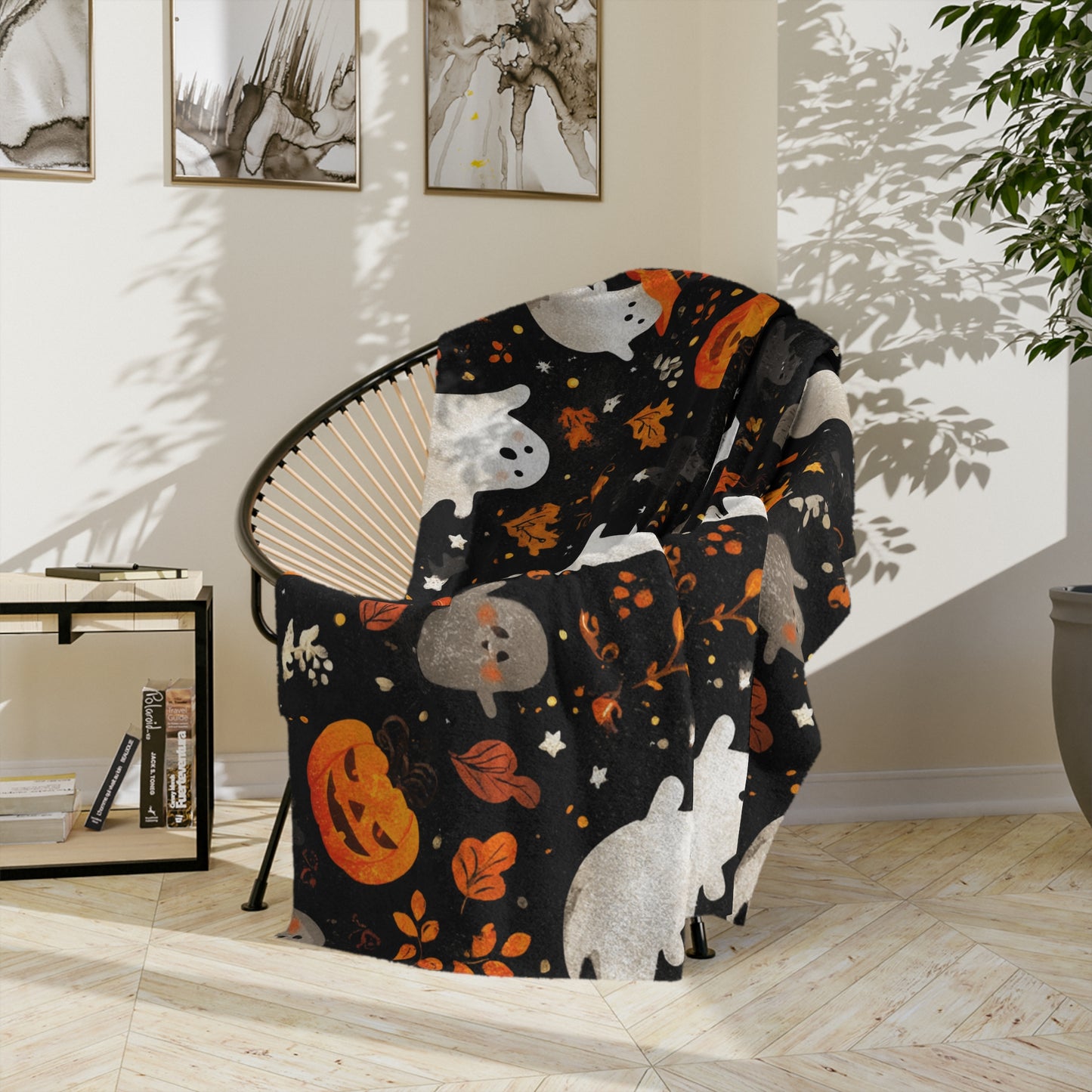 Cozy Halloween Throw Blanket - Velveteen Microfiber with Cute Ghosts & Pumpkins | Night-Sky Black