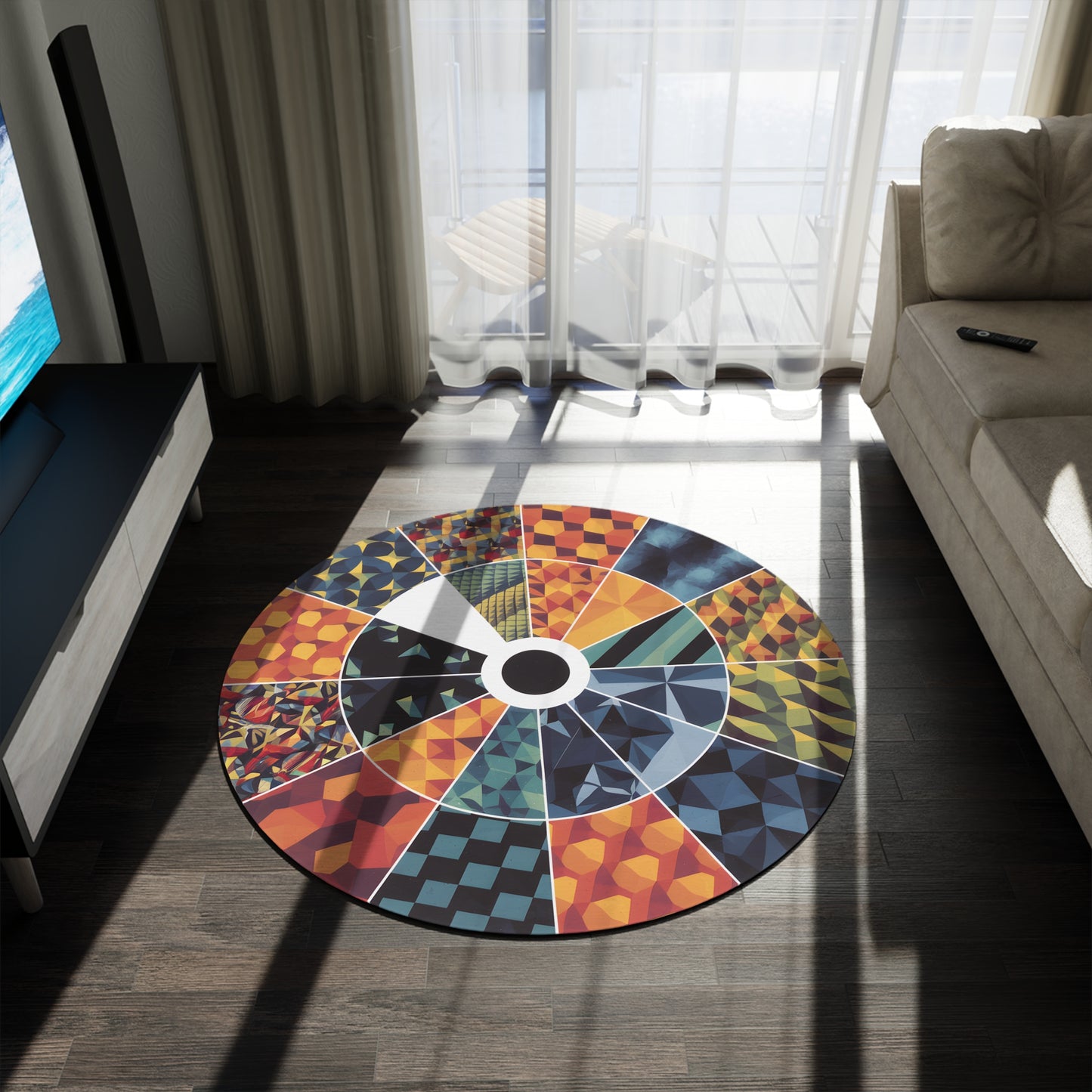 60" Round Geometric Rug Colorful Modern Art Design Durable Polyester Chenille Floor Decor