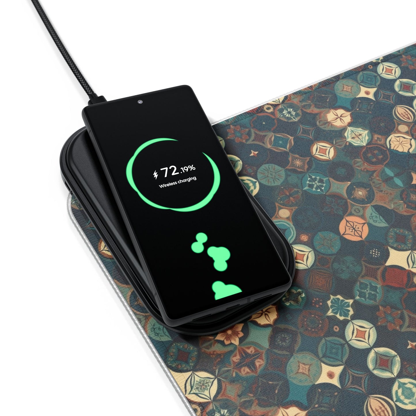 rgb gaming mouse pad with 15w qi charging – smooth xl desk mat, geometric teal gold design