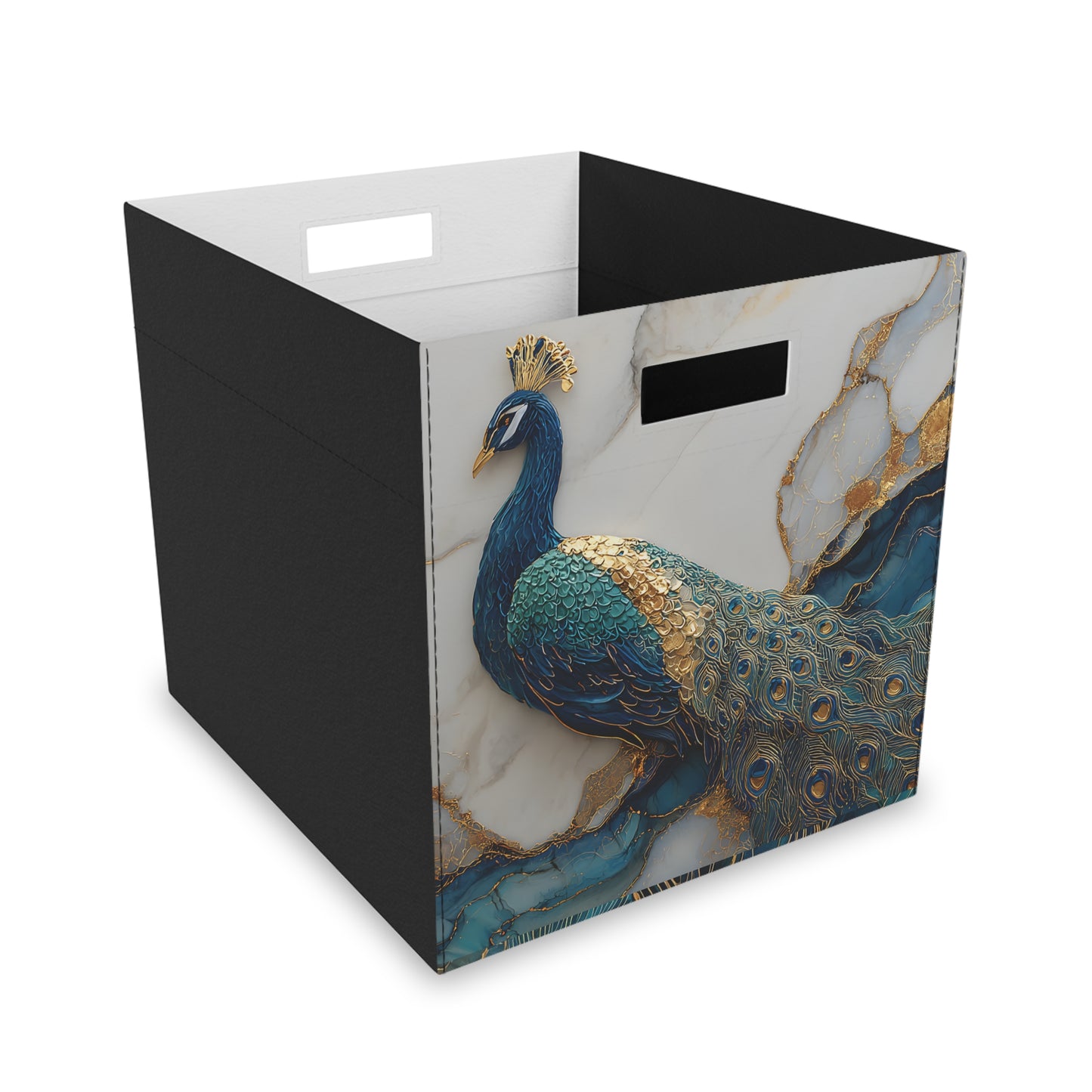 Peacock Felt Storage Box, Decorative Foldable Cube Bin with Handles, Teal & Gold
