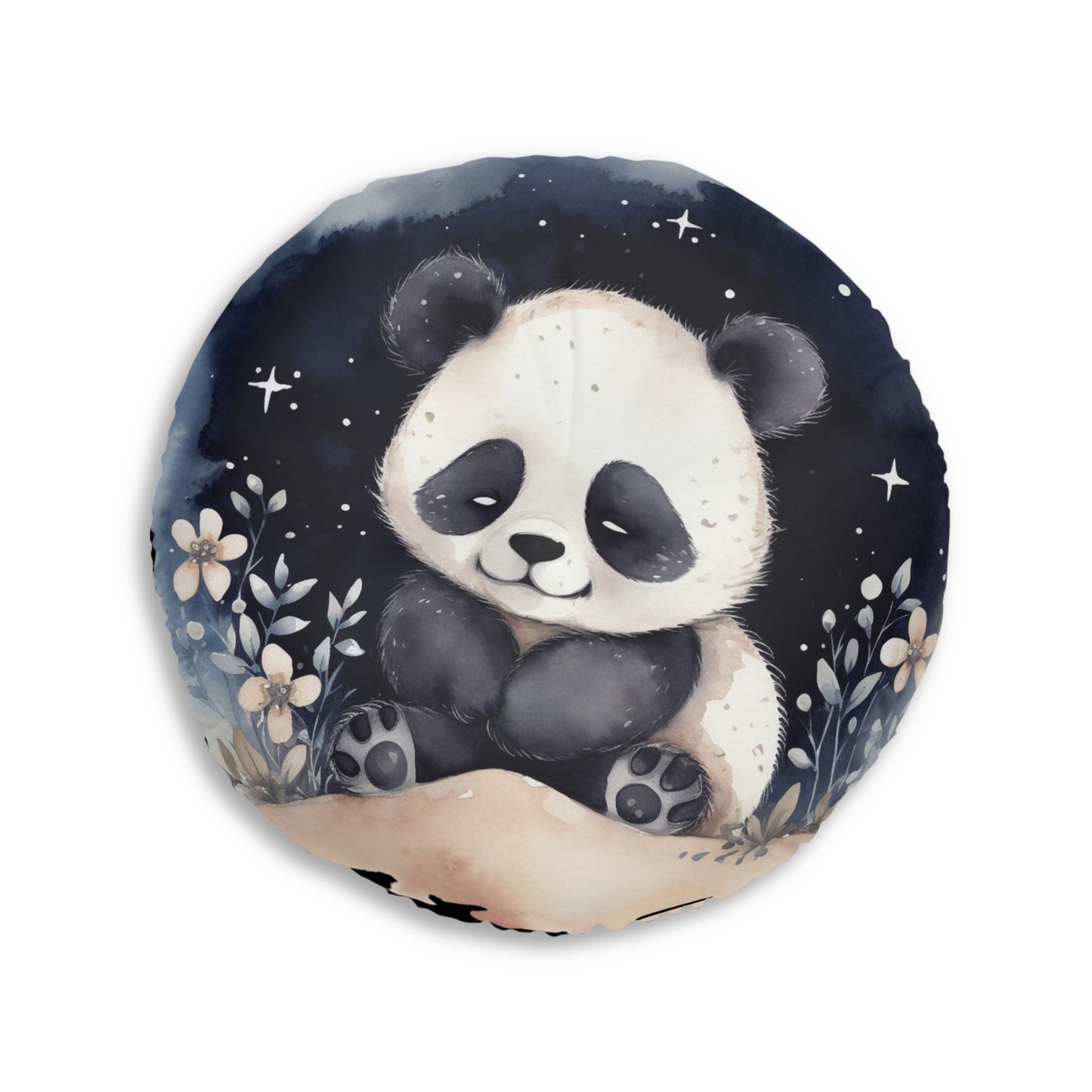 Round Tufted Floor Pillow - Watercolor Baby Panda Night Sky, Nursery Cushion