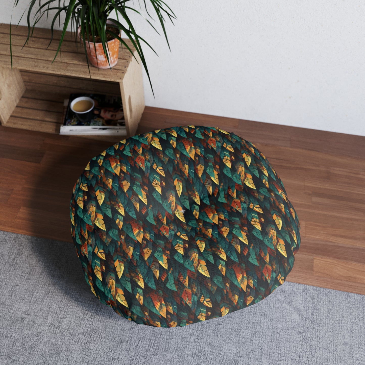Round Tufted Boho Floor Pillow - Reversible Feather Mosaic Cushion, Cozy Seating Pouf, Two Sizes