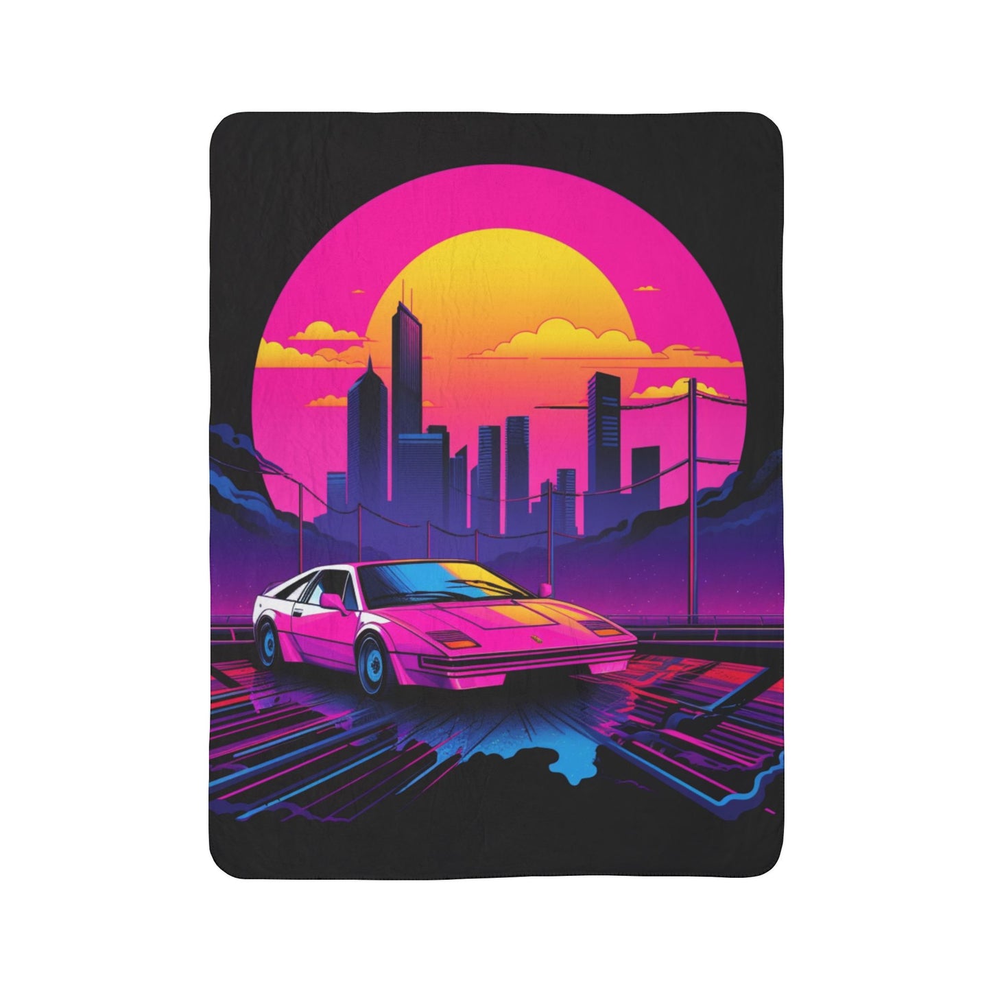 Retro Synthwave Sports Car Fleece Blanket | Neon City Sunset