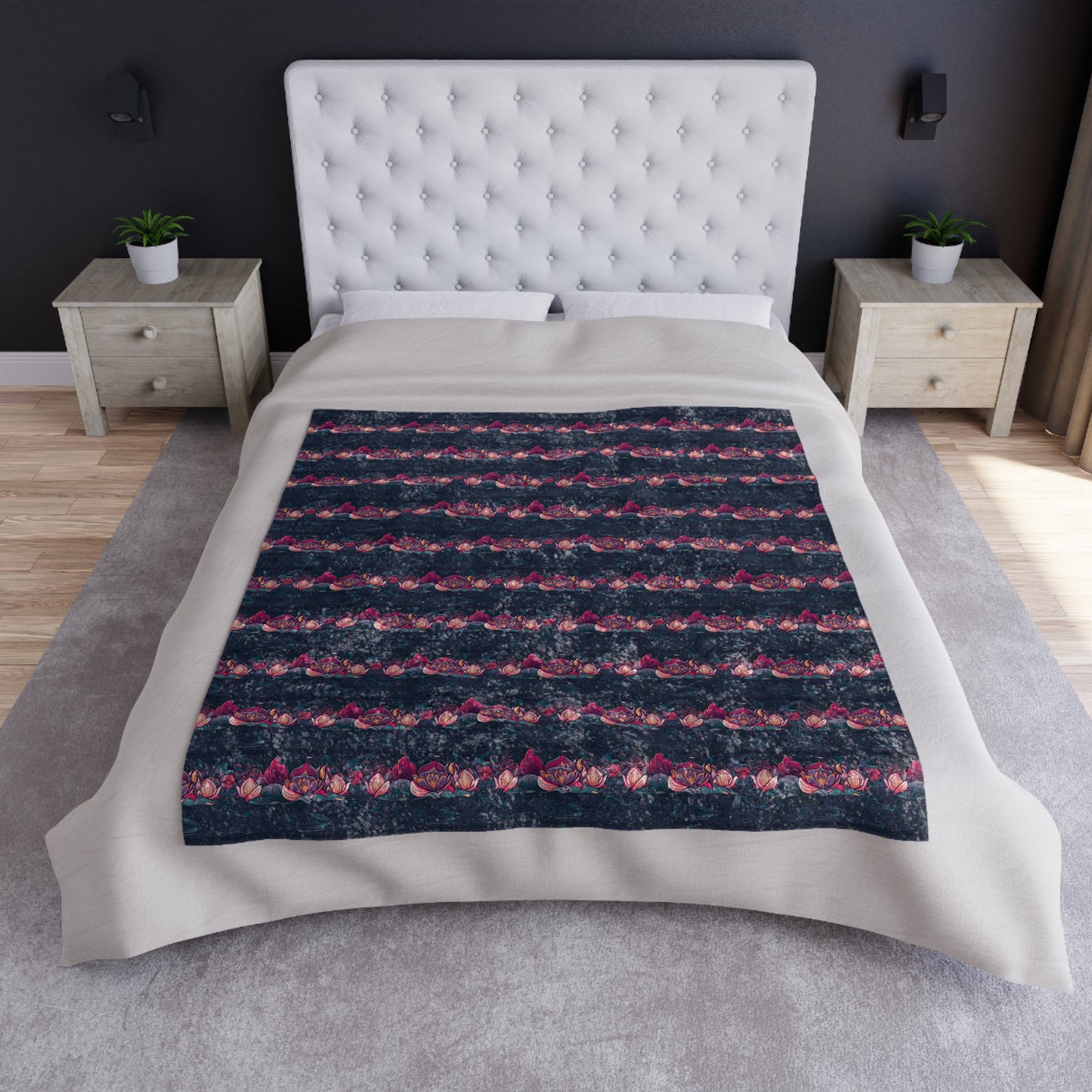 Pink Floral Stripe Crushed Velvet Blanket | Plush Throw, Dark Navy Rose Pattern