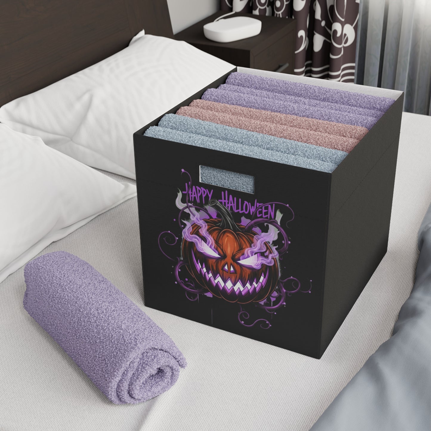 Black Felt Halloween Storage Box with Jack-o-Lantern | Foldable Seasonal Home Organizer Bin