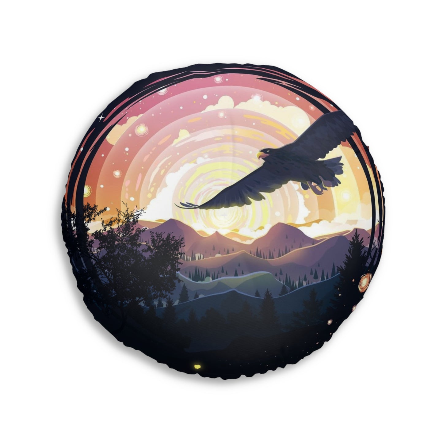 Boho Round Tufted Floor Pillow – Celestial Bird & Sunset Mountains, Double-Sided