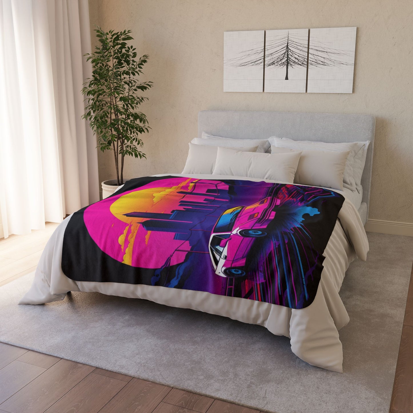 Retro Synthwave Sports Car Fleece Blanket | Neon City Sunset