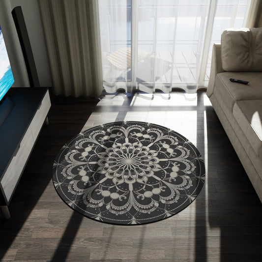 60-Inch Round Mandala Rug, Black & Gray Modern Boho Chenille Area Rug with Non-Slip Backing