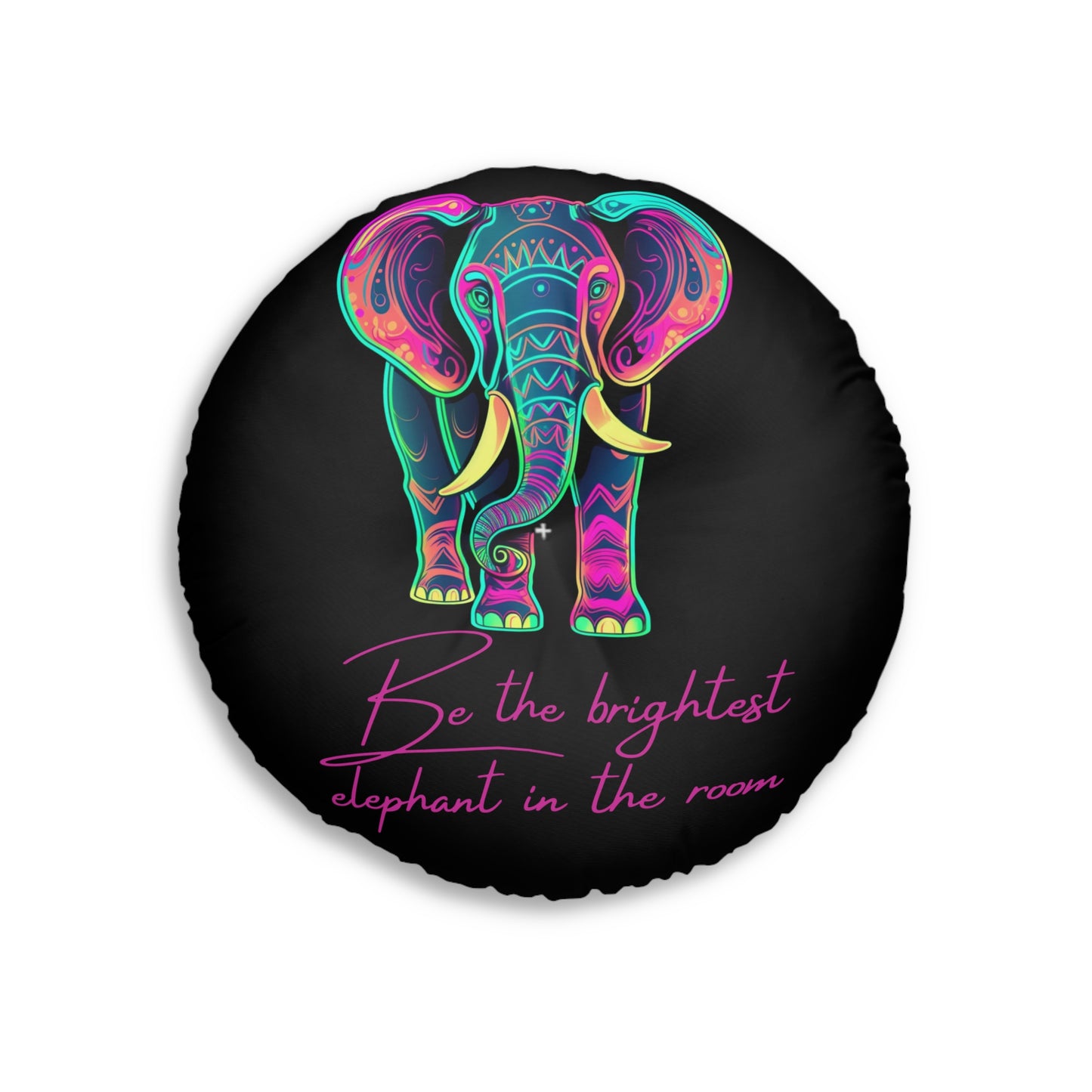 Boho Round Tufted Floor Pillow - Neon Elephant Decor, Black Pouf Cushion, Meditation